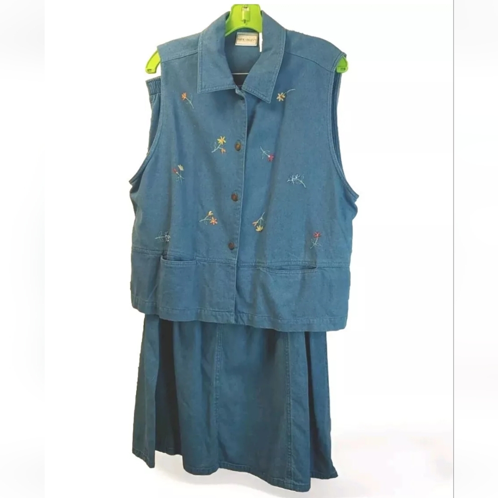 Napa Vally Floral Embroider Denim Skirt Set Woman Lg Vtg 90s Y2k Fairy Boho 2 pc